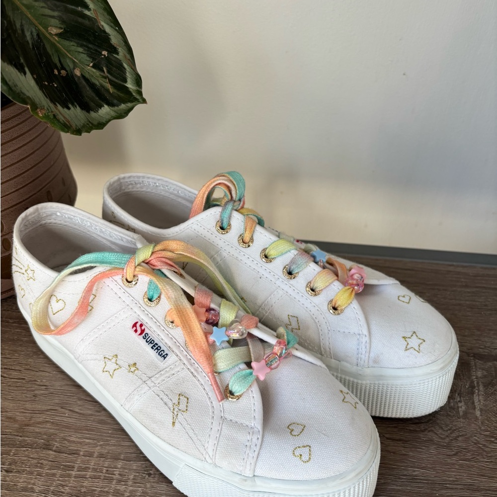 Superga Platform White Sneakers with Pastel Laces